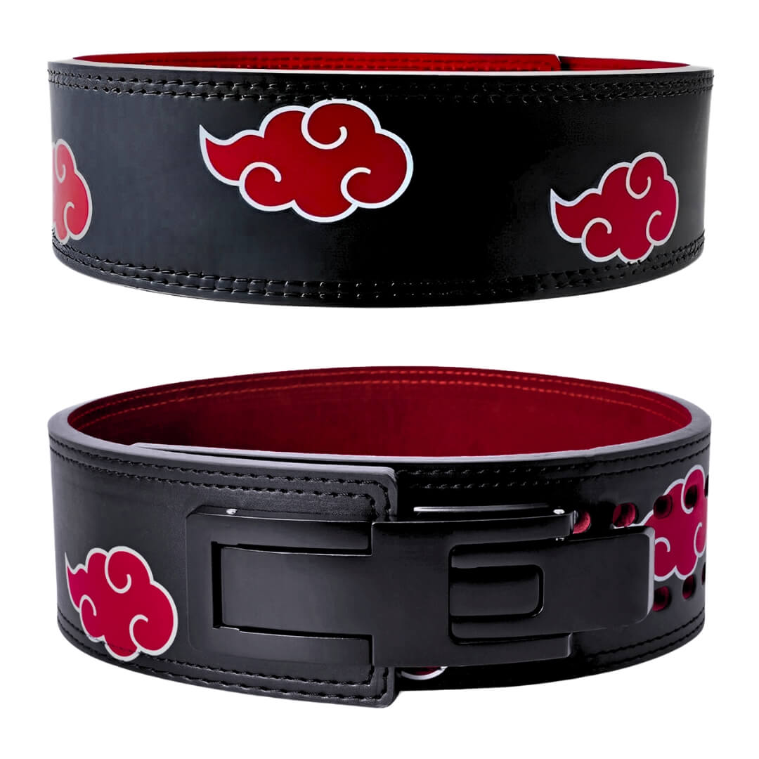 Front & Back view of Akatsuki lifting belt on display | Naruto lifting belt with red interior and adjustable holes, ideal for weightlifting, powerlifting, and lower back support.