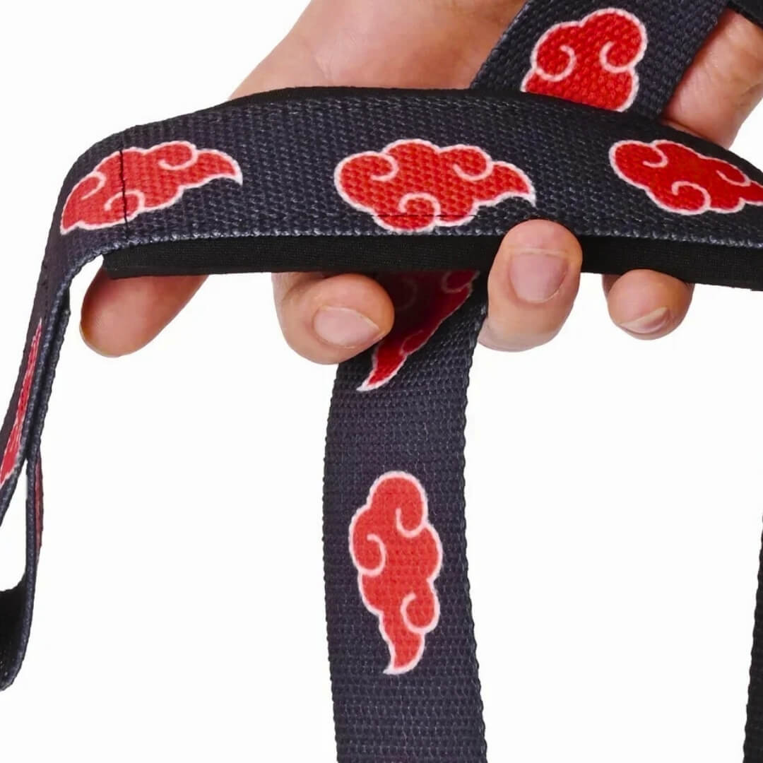 Showcasing Akatsuki Cloud Lifting Straps. Perfect for anime gym fans, these durable, stylish straps provide wrist stability and protection during weightlifting, powerlifting, and strength training.