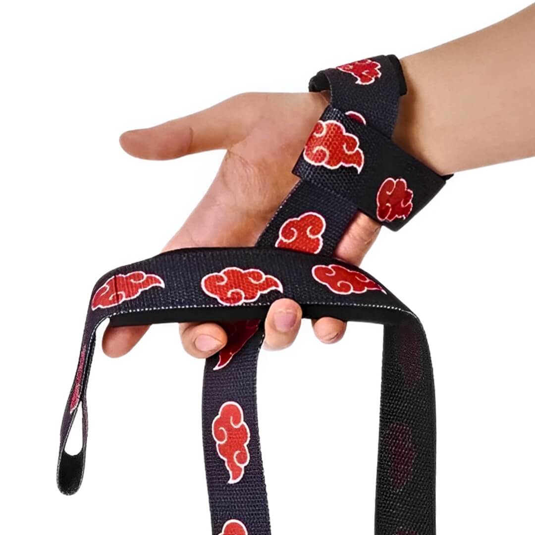 Showcasing Akatsuki Cloud Lifting Straps. Perfect for anime gym fans, these durable, stylish straps provide wrist stability and protection during weightlifting, powerlifting, and strength training.