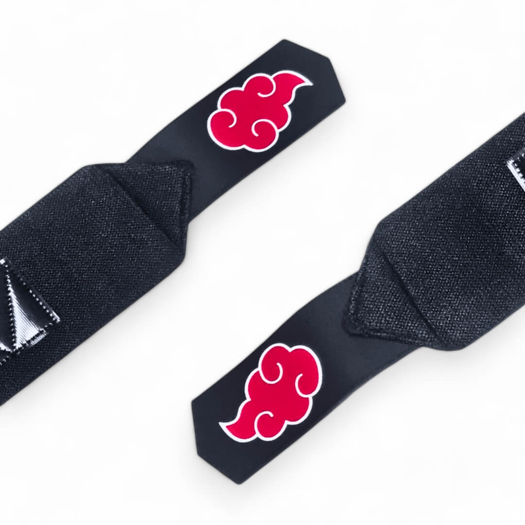 Close up view of Akatsuki wrist wraps. Ideal for weight lifting, strength training, and more. Enjoy superior wrist protection and stability with Naruto-inspired gear.