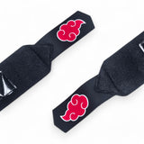 Close up view of Akatsuki wrist wraps. Ideal for weight lifting, strength training, and more. Enjoy superior wrist protection and stability with Naruto-inspired gear.