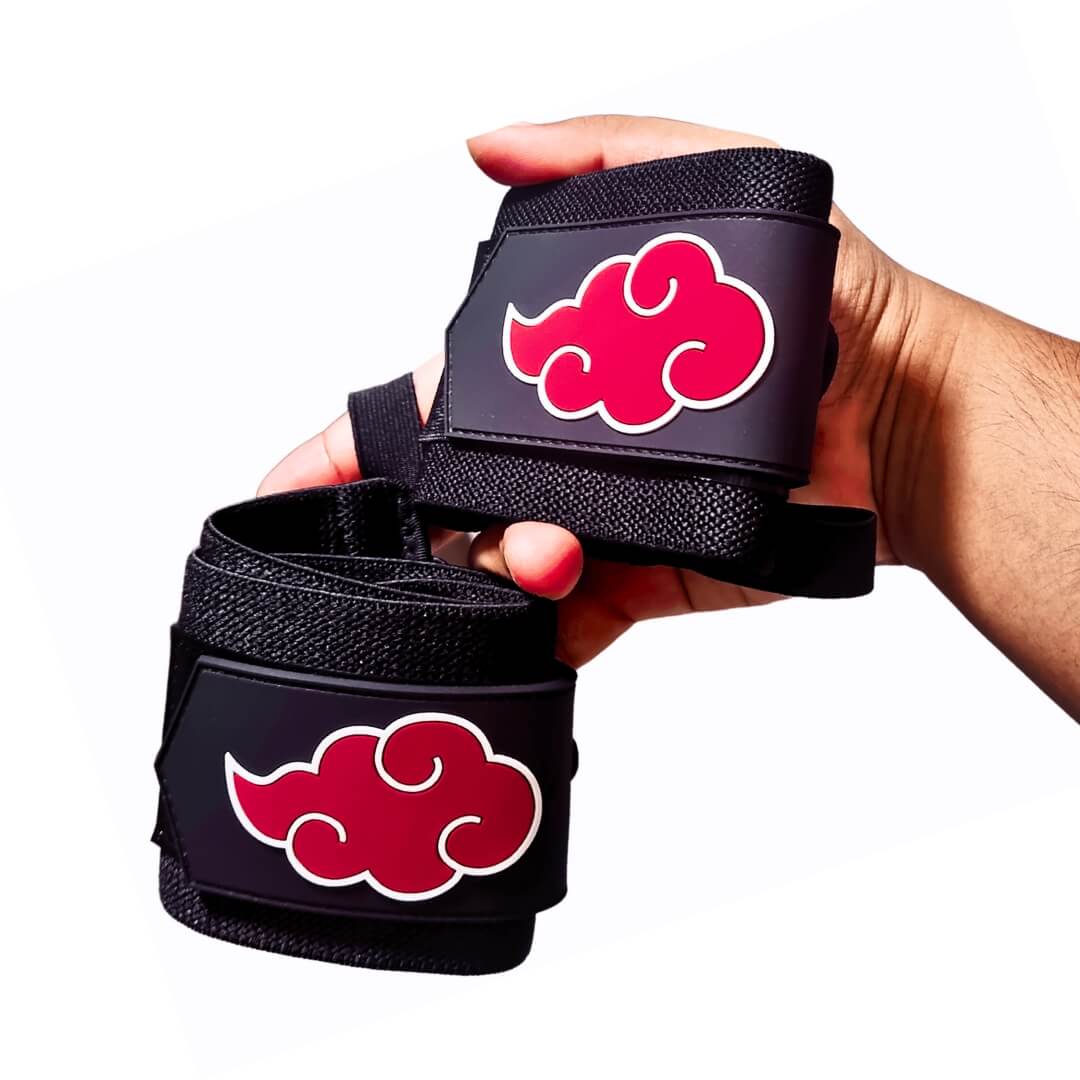 Showcasing Akatsuki wrist wraps. Ideal for weight lifting, strength training, and more. Enjoy superior wrist protection and stability with Naruto-inspired gear.