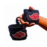 Pair of Akatsuki wrist wraps on display. Ideal for weight lifting, strength training, and more. Enjoy superior wrist protection and stability with Naruto-inspired gear.