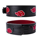 Detailed view of the Akatsuki Powerlifting Belt with black lever buckle and red cloud symbols, designed for heavy-duty lifting and support.