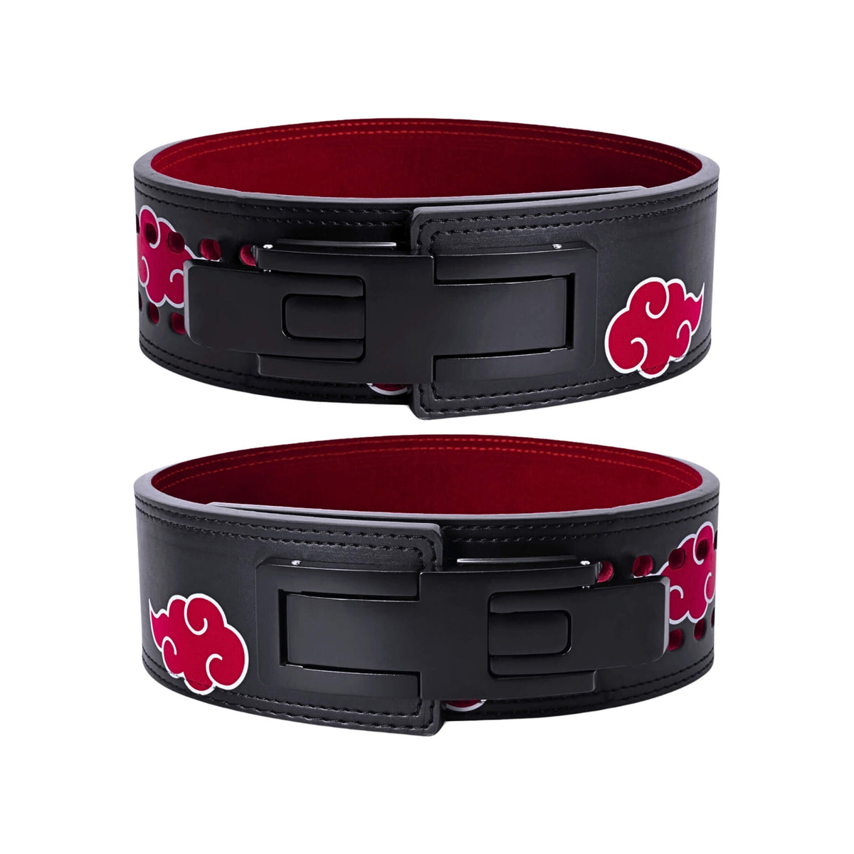 Pair of Akatsuki Powerlifting Belts with black and red design, secure fit, and durable leather, ideal for serious powerlifting and gym use.