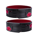 Pair of Akatsuki Powerlifting Belts with black and red design, secure fit, and durable leather, ideal for serious powerlifting and gym use.