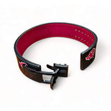 Open Akatsuki Powerlifting Belt with red interior and adjustable holes, ideal for weightlifting, powerlifting, and lower back support.