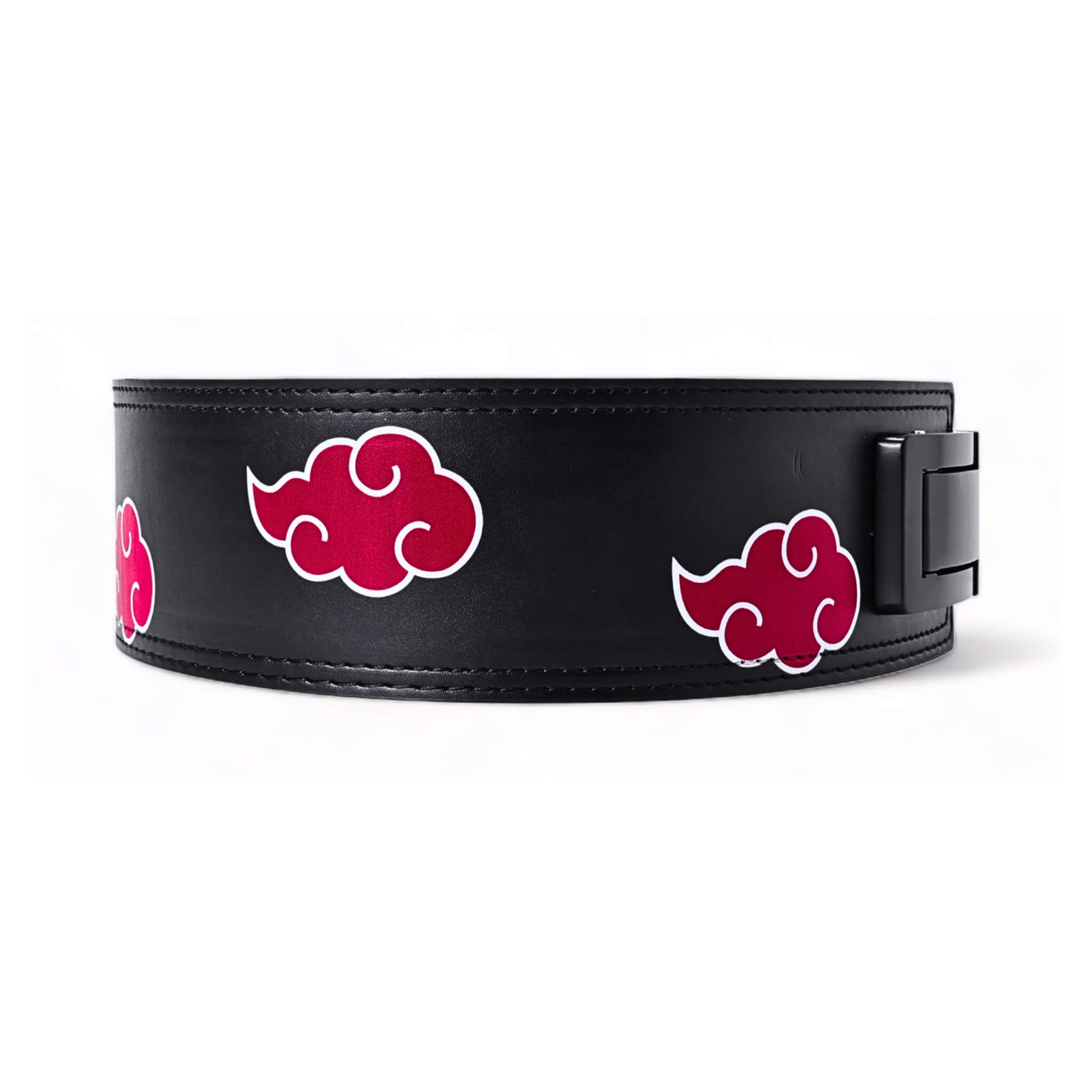 Akatsuki Powerlifting Belt featuring red cloud symbols, durable double stitching, and premium leather for strength training.