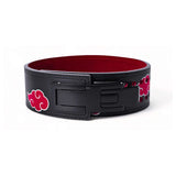 Close-up of the Akatsuki Powerlifting Belt showing the secure lever buckle and red interior, designed for serious lifters and gym enthusiasts.