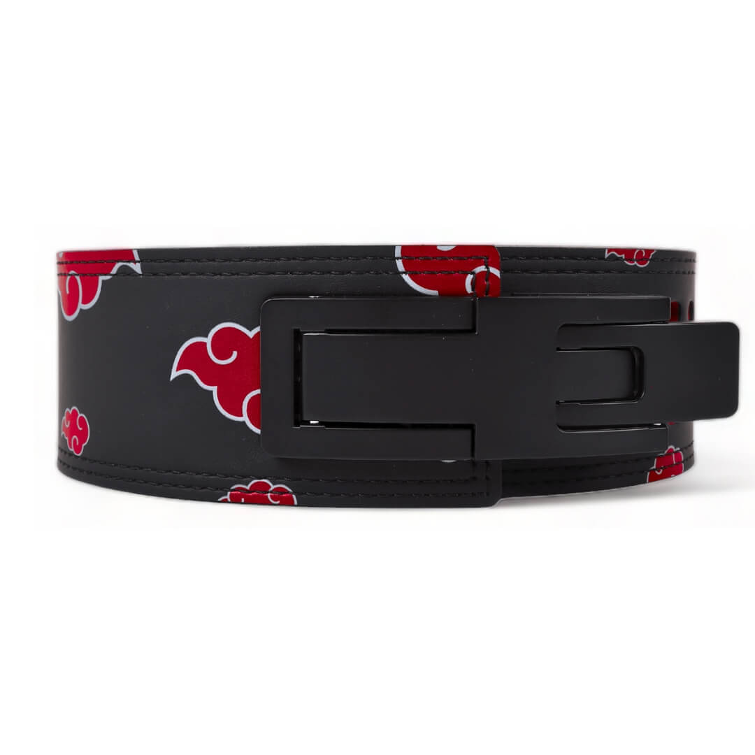 Front view of Akatsuki Lifting Belt | Anime weightlifting belt displaying durable lever buckle and the vivid red cloud designs, embodying the spirit of the Akatsuki. For powerlifting, weightlifting and other strength sports