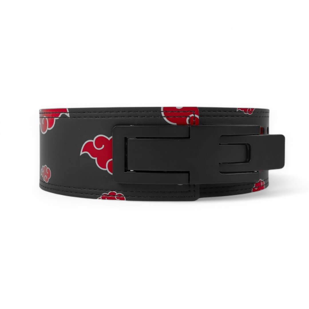 2nd image of Anime weightlifting belt displaying durable lever buckle and the vivid red cloud designs, embodying the spirit of the Akatsuki. For powerlifting, weightlifting and other strength sports