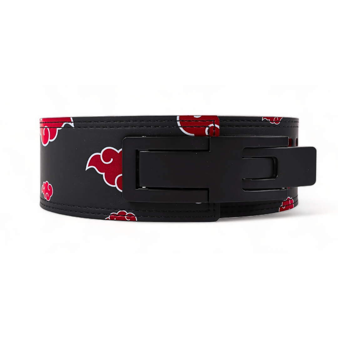 Front view of Akatsuki V2 Lifting Belt | Anime lifting belt displaying durable lever buckle and the vivid red cloud designs, embodying the spirit of the Akatsuki. For powerlifting, weightlifting and other strength sports