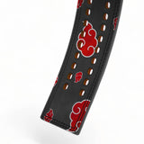 Tail end view of anime weightlifting belt with akatsuki patterns