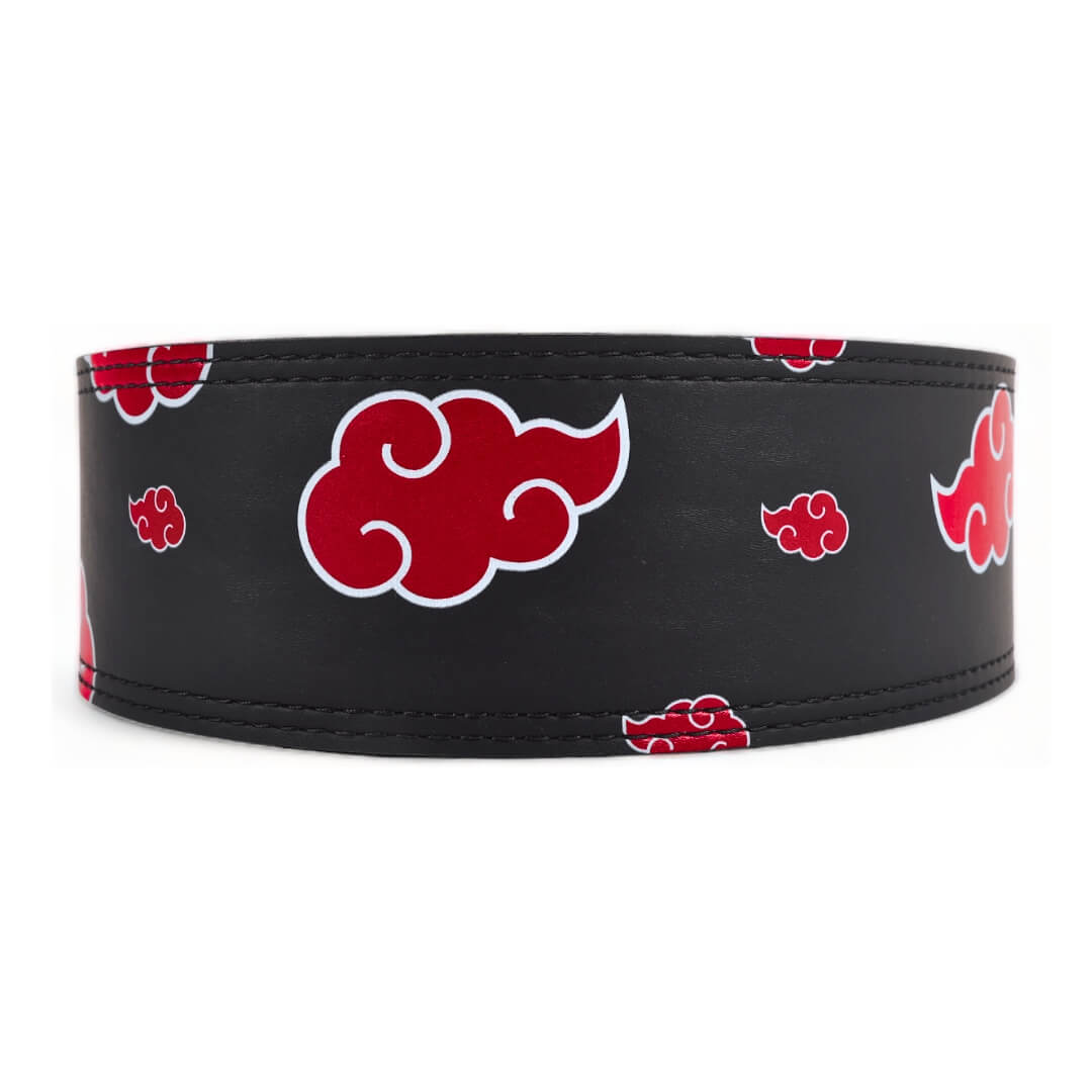 Rear view of Anime weightlifting belt displaying durable lever buckle and the vivid red cloud designs, embodying the spirit of the Akatsuki. For powerlifting, weightlifting and other strength sports