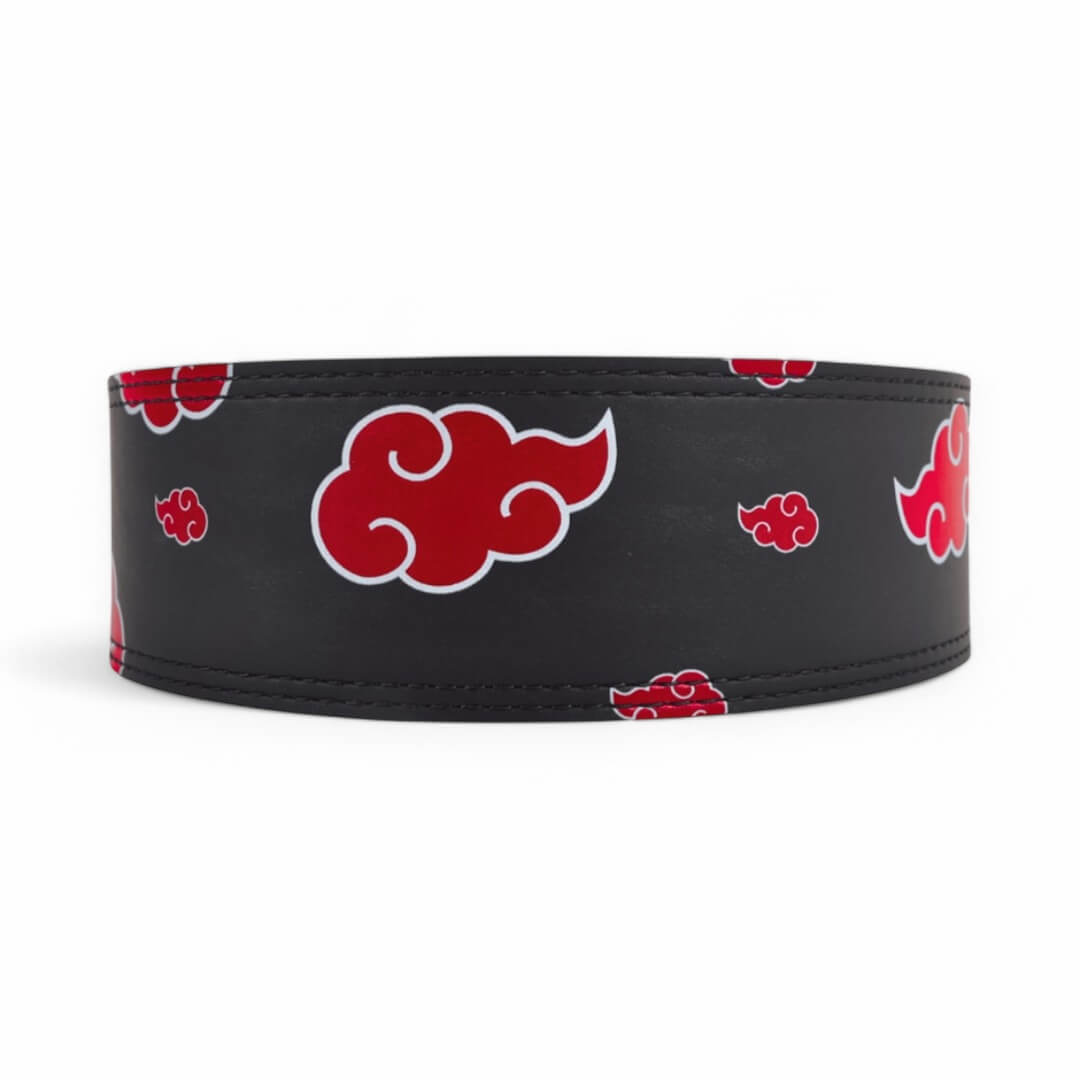 Main image of Anime weightlifting belt displaying durable lever buckle and the vivid red cloud designs, embodying the spirit of the Akatsuki. For powerlifting, weightlifting and other strength sports