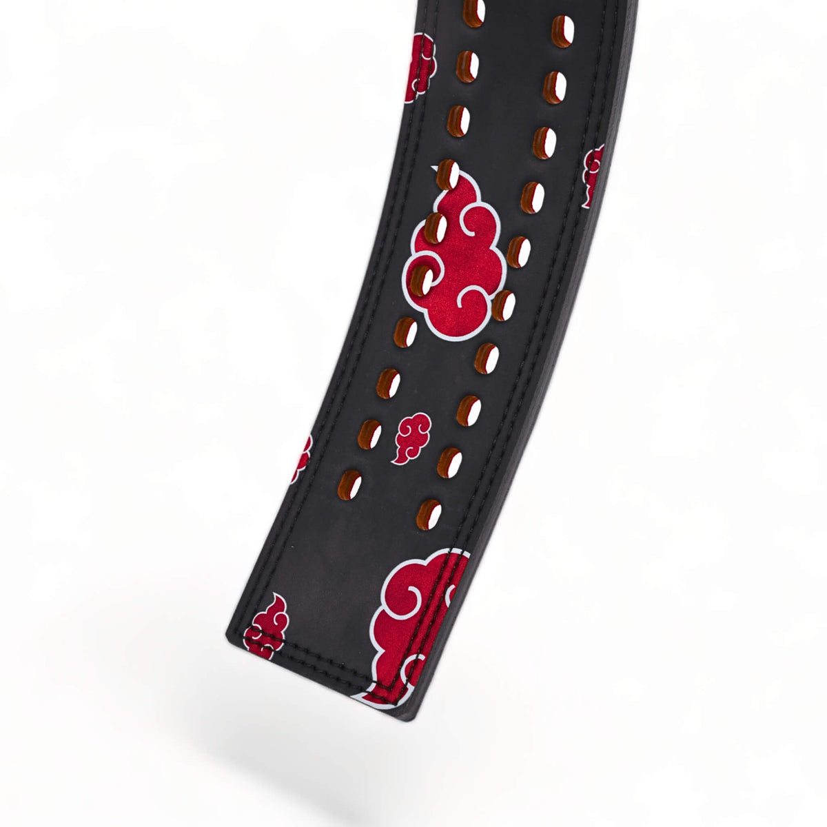 Detailed view of the inner lining of the Akatsuki V2 Lever Belt, featuring the striking red cloud design that symbolizes strength and allegiance to the Akatsuki.