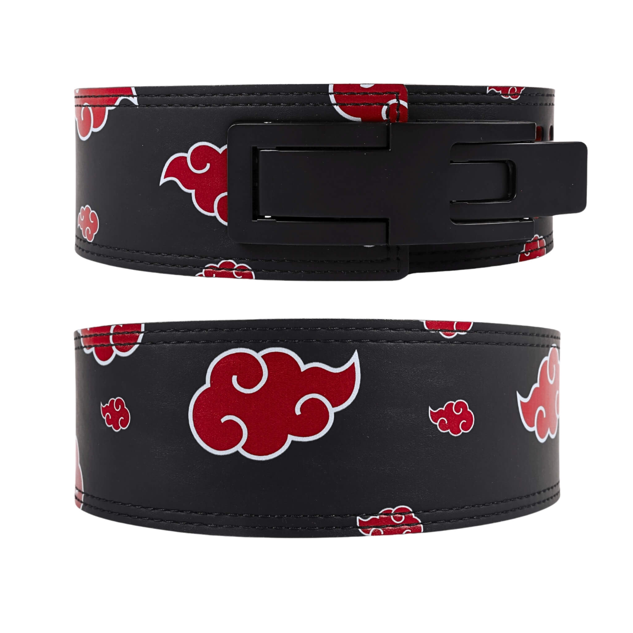 Front and back view of the Akatsuki V2 Lever Belt showcasing the iconic red clouds and robust lever buckle, designed for ultimate power and durability.