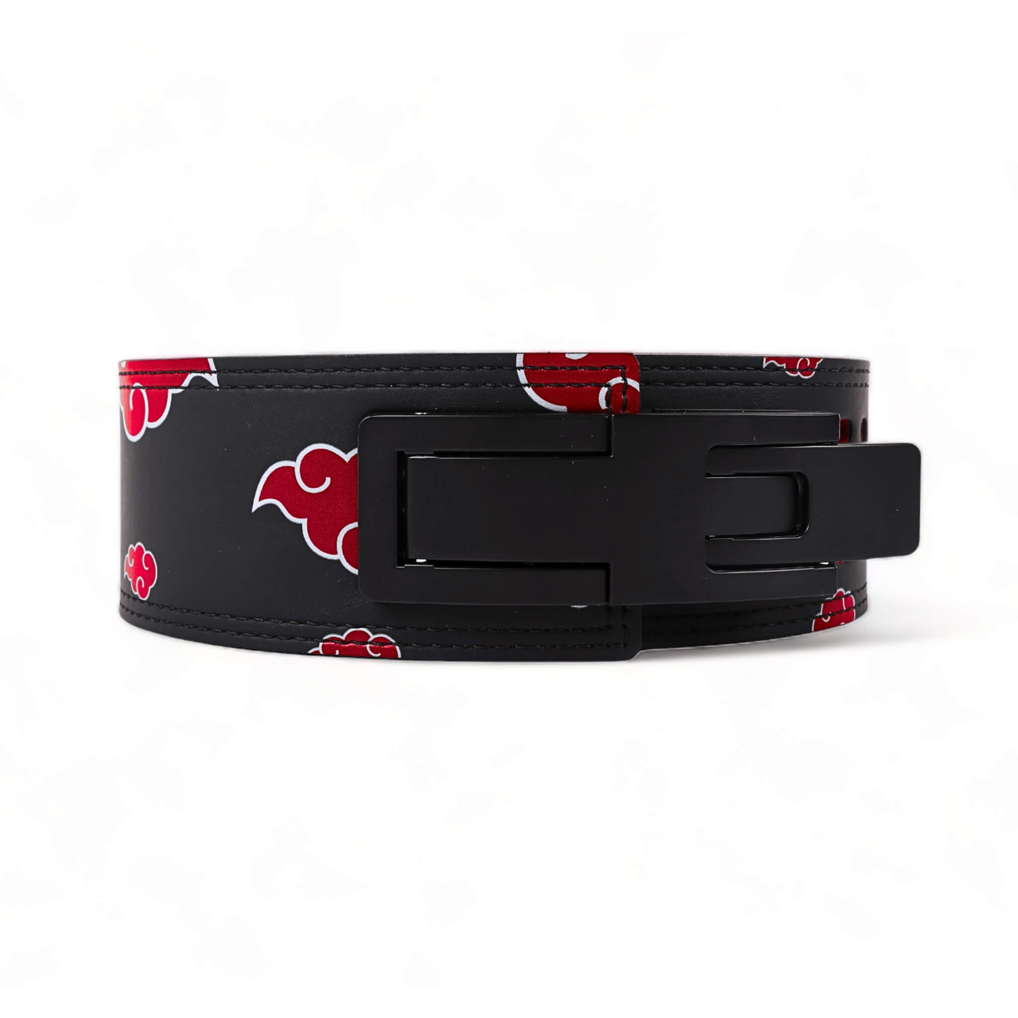 Full view of the Akatsuki V2 Lever Belt, adorned with the iconic red clouds, representing power and resilience, ideal for enhancing your lifting experience.