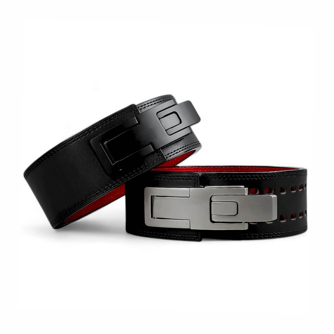 Black leather weightlifting belts on display | Powerlifting belt with adjustable lever for strength training