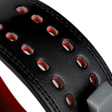 Closed up view of Black Leather weightlifting belt for powerlifting.