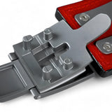 Closed up view of adjustable lever  prong. Black Leather weightlifting belt for powerlifting.