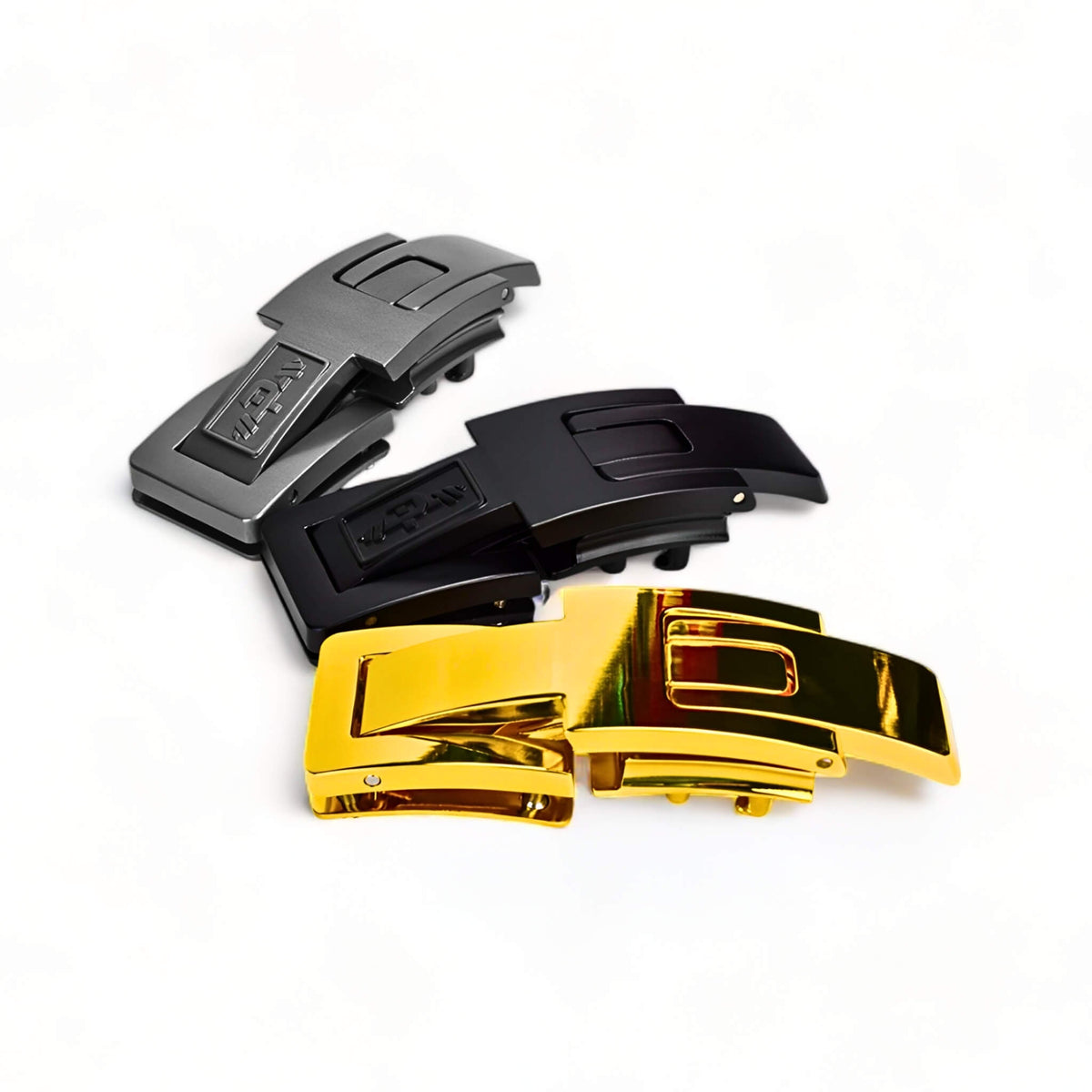 Akinci Strength lever belt buckles in three colors—gold, black, and gray—displaying the premium options.