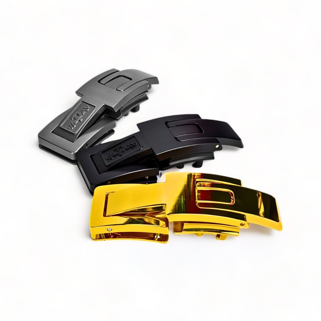 Akinci Strength lever belt buckles in three colors—gold, black, and gray. | Lever buckles compatible with SBD Belt