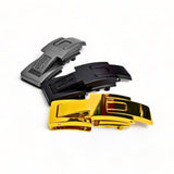 Akinci Strength lever belt buckles in three colors—gold, black, and gray. | Lever buckles compatible with SBD Belt