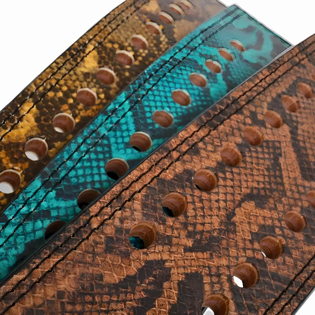 Detailed view of exquisite snake-skin patterned powerlifting belts in blue, gold, and brown, highlighting the premium texture and precise craftsmanship. | Weightlifting Belt for strength training sports such as powerlifting