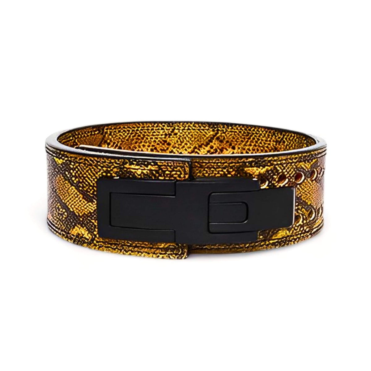 Command the gym floor with this gold snake-skin patterned powerlifting belt, combining luxurious style with uncompromising durability and support.