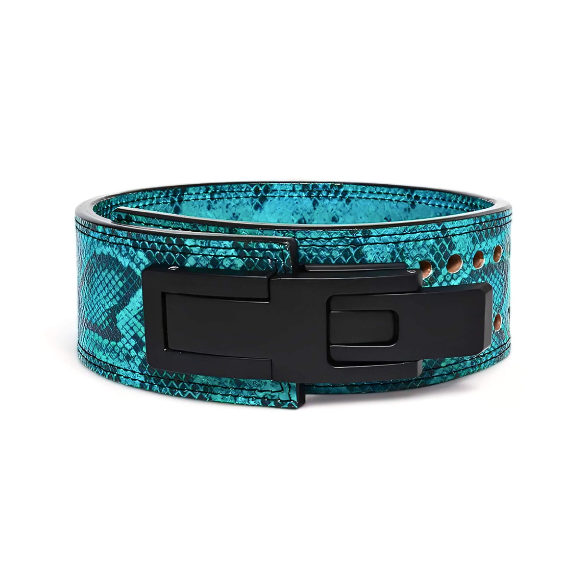 Elevate your gym style with this blue serpent-skin patterned powerlifting belt featuring a sturdy black buckle, perfect for enhancing weightlifting performance.