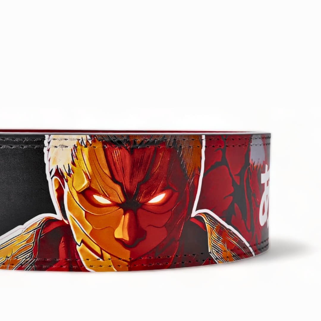 Closed up view of back display for Attack on Titan powerlifting belts displayed | Anime lifting belt with  vibrant graphics, durable leather, perfect for powerlifting and weightlifting