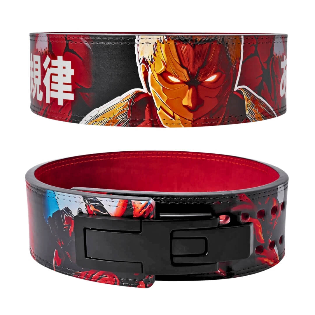 Front and back display for Attack on Titan powerlifting belts displayed | Anime lifting belt with  vibrant graphics, durable leather, perfect for powerlifting and weightlifting