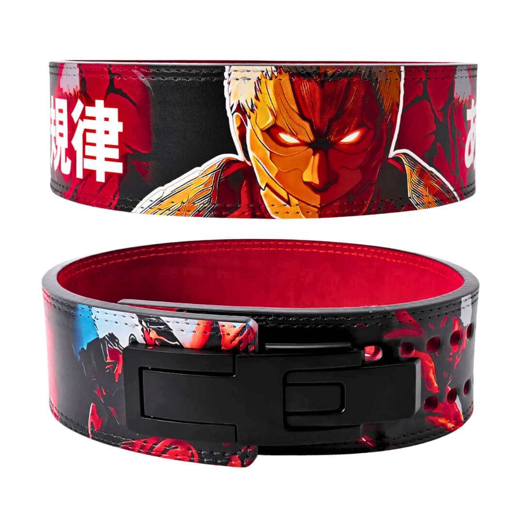 Front and back display for Attack on Titan powerlifting belts displayed | Anime lifting belt with  vibrant graphics, durable leather, perfect for powerlifting and weightlifting