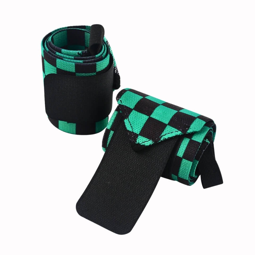 Ichimatsu Pattern Wrist Wraps inspired by 'Demon Slayer'. Perfect for powerlifters, these anime wrist wraps combine traditional aesthetics with robust functionality for enhanced workout performance.