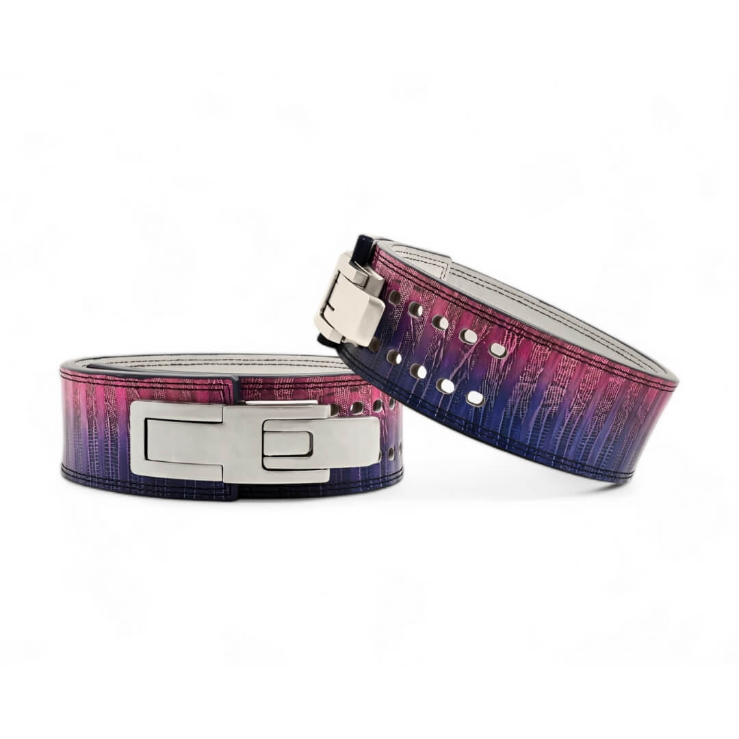 Two powerlifting belts showcasing aurora pattern | vibrant colored weightlifting belts with adjustable lever and usapl approved.