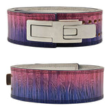 Front and rear view of two powerlifting belts showcasing aurora pattern | vibrant colored weightlifting belts with adjustable lever and usapl approved. For strength sports and available in 10mm or 13mm