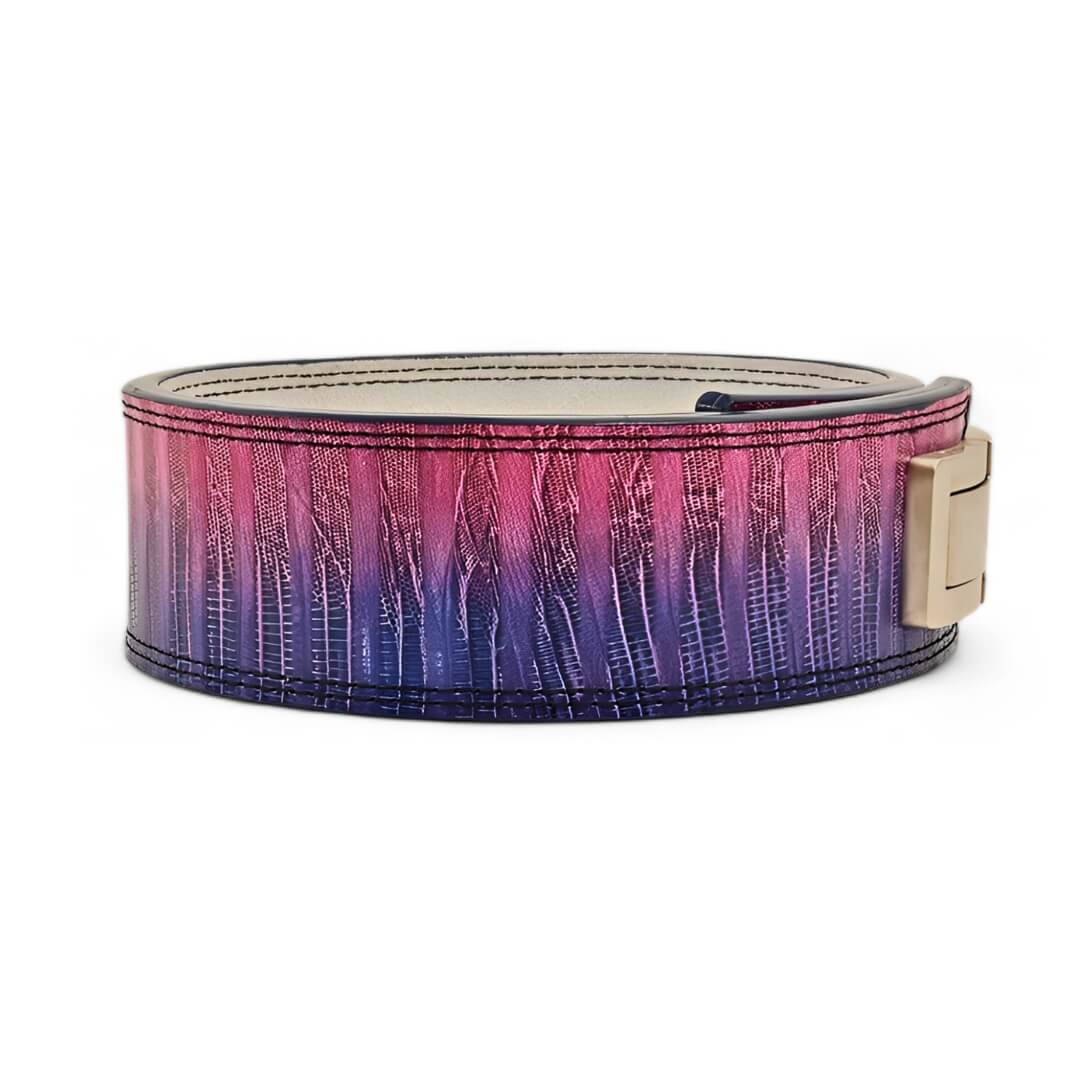 Another side view of two powerlifting belts showcasing aurora pattern | vibrant colored weightlifting belts with adjustable lever and usapl approved. For strength sports and available in 10mm or 13mm