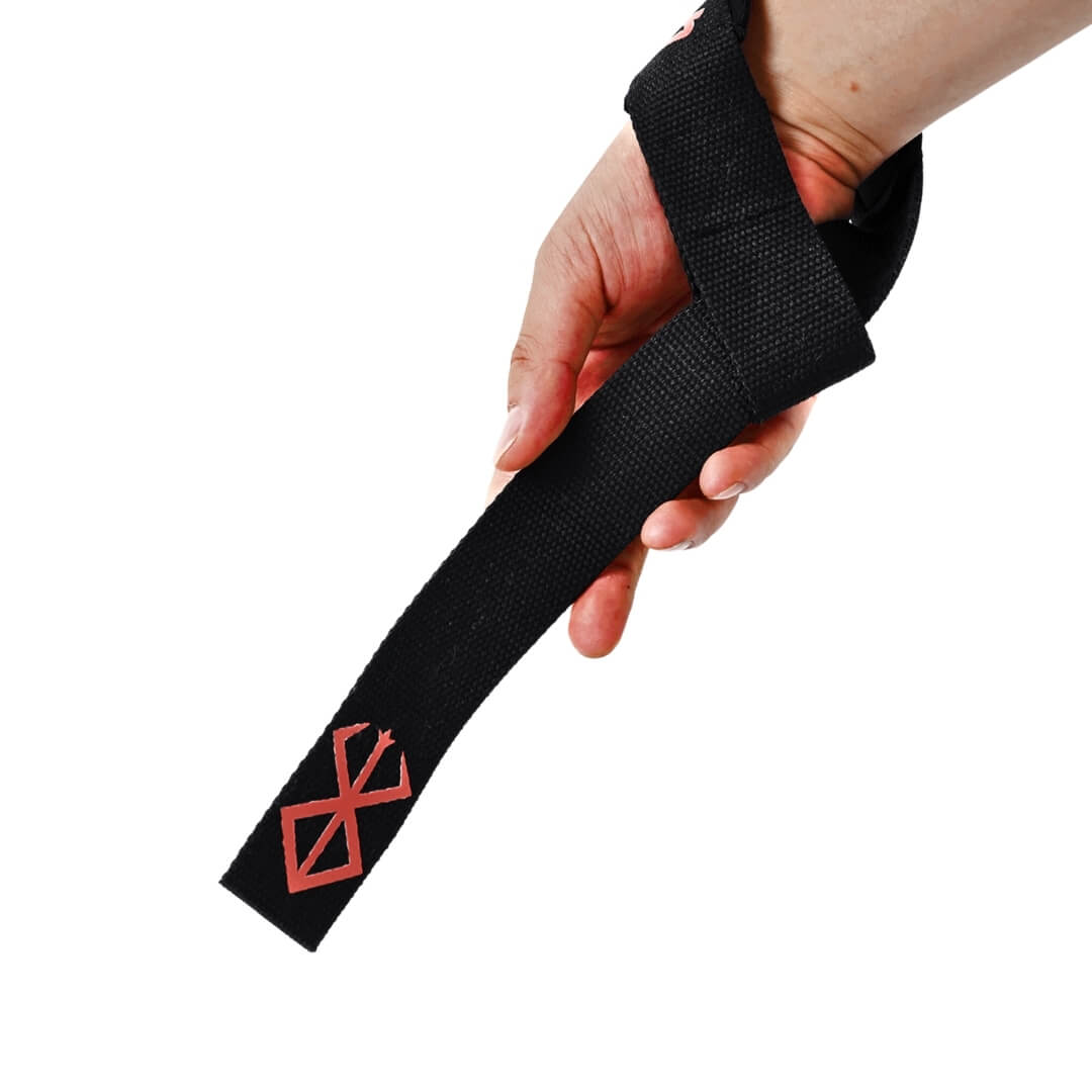 Berserk lifting straps on display. Perfect for weightlifting,and strength training. A unique anime gym gear gift for fitness lovers.