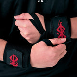 Model with Berserk Wrist Wraps on display | Anime wrist wraps that stabilizes wrists during weightlifting and other strength training sports