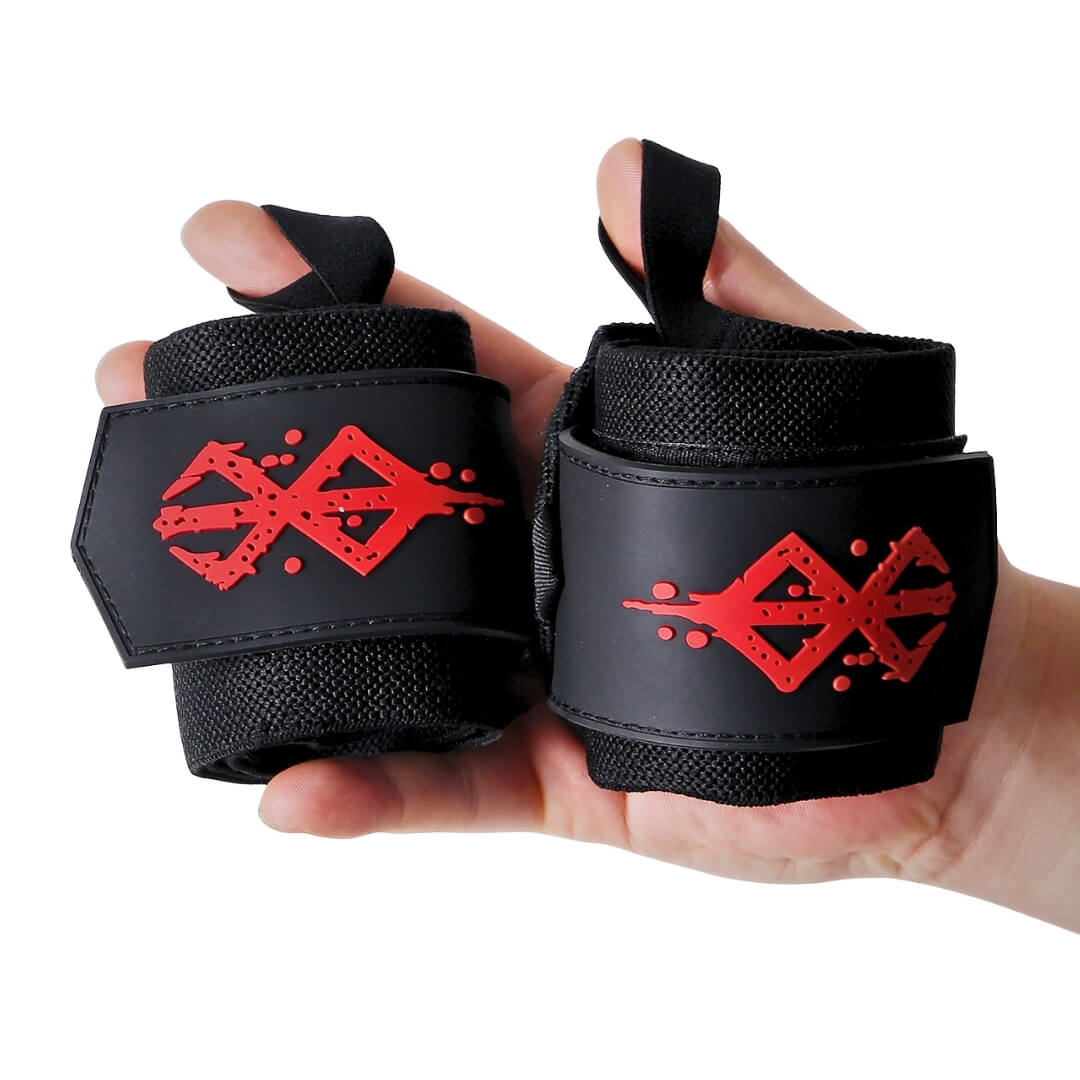 Pair of Berserk Wrist Wraps On Display | Anime wrist wraps that stabilizes wrists during weightlifting and other strength training sports