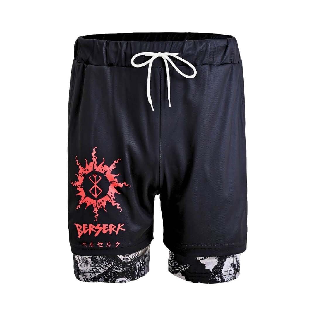 Alternate view of Berserk gym shorts on display | Anime workout gear for gym with Berserk pattern.