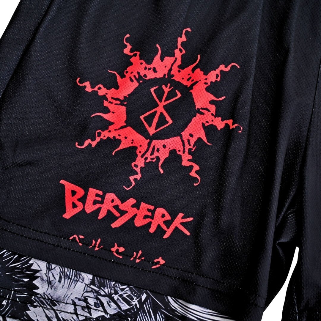 Closed up view of Berserk gym shorts | Anime workout gear for gym with Berserk pattern.