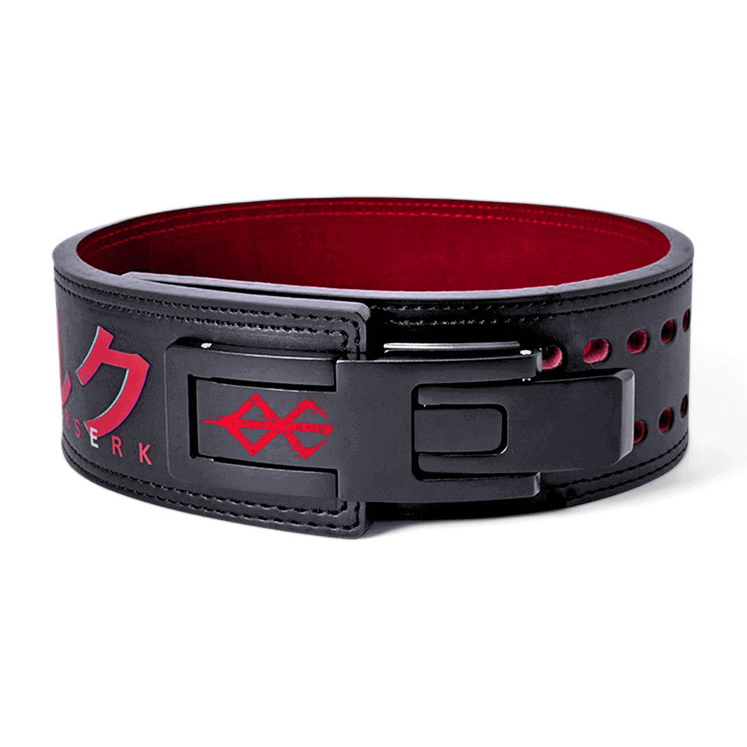 Front of Berserk Lifting Belt with logo. This anime-inspired powerlifting belt with adjustable lever offers ultimate lower back support for deadlifts and squats.