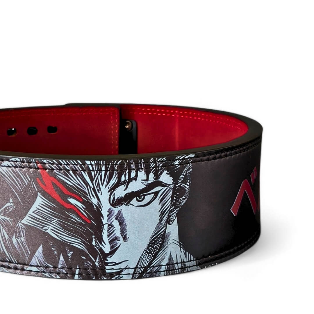 Closed up view of Berserk Lifting Belt with stitched logo. This anime-inspired powerlifting belt with adjustable lever offers ultimate lower back support for deadlifts and squats.