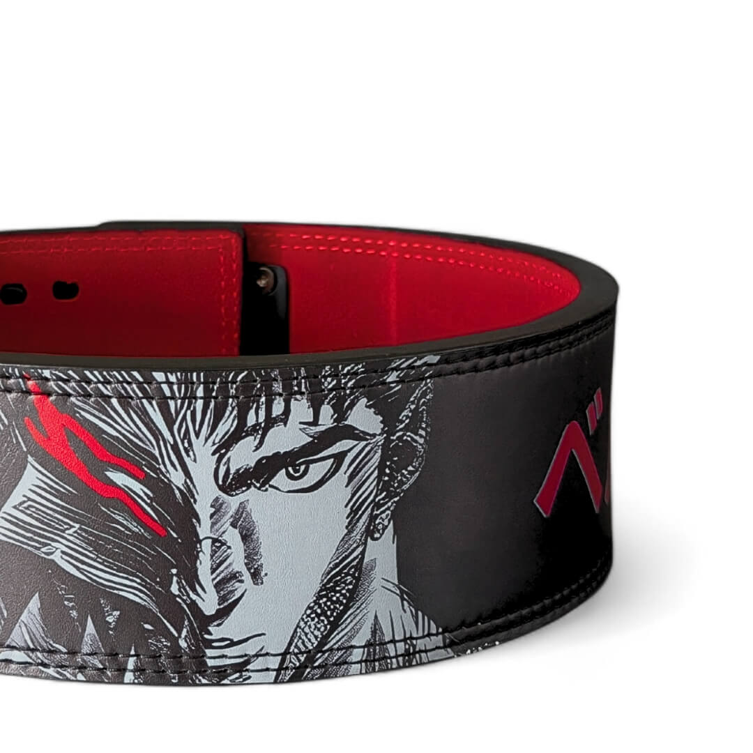 Closed up view of Berserk Lifting Belt with stitched logo. This anime-inspired powerlifting belt with adjustable lever offers ultimate lower back support for deadlifts and squats.