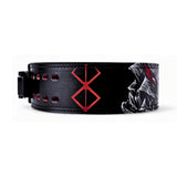 Side view of Berserk Lifting Belt. This anime-inspired powerlifting belt with adjustable lever offers ultimate lower back support for deadlifts and squats.