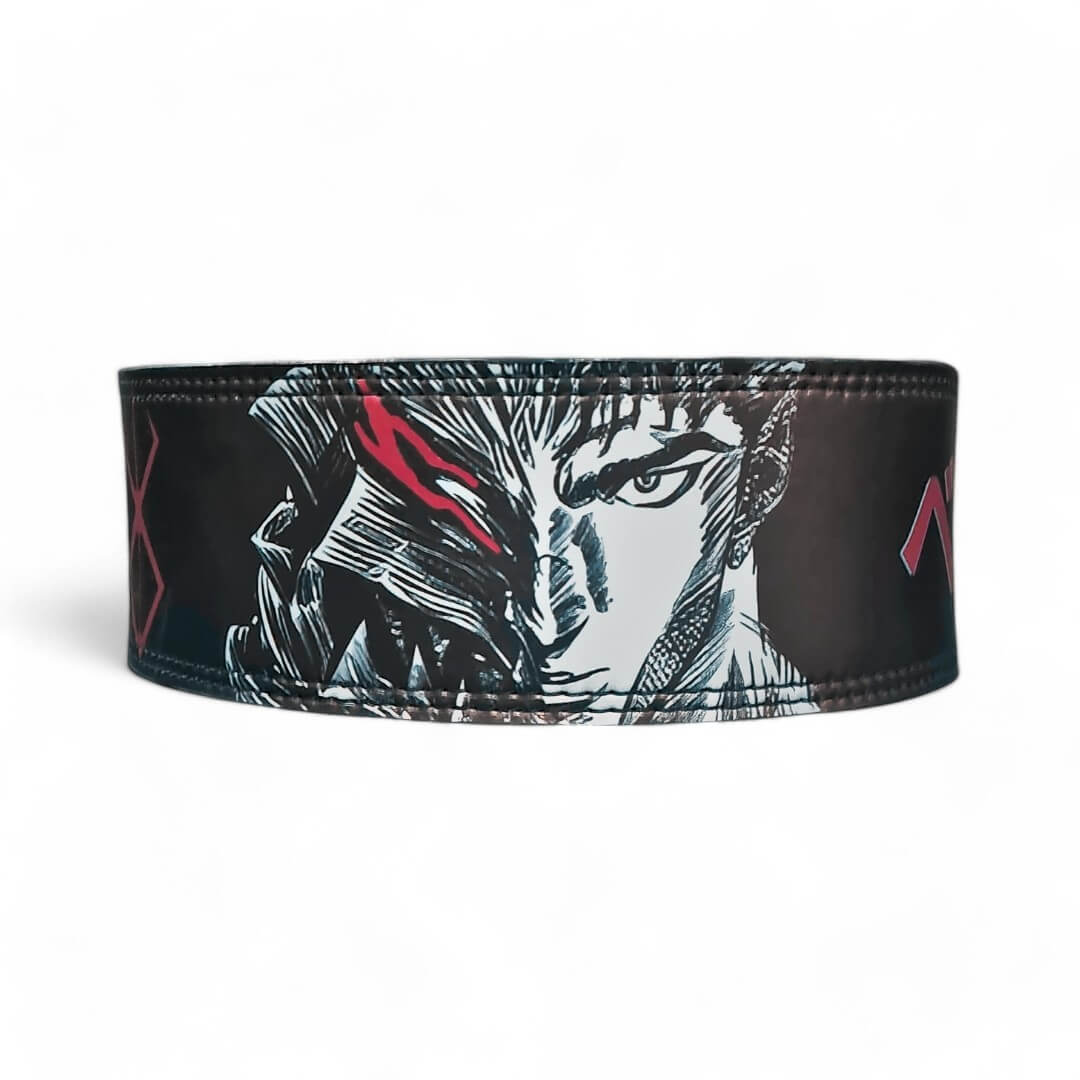 Rear of Berserk Lifting Belt with Guts' face. This anime-inspired powerlifting belt with adjustable lever offers ultimate lower back support for deadlifts and squats.