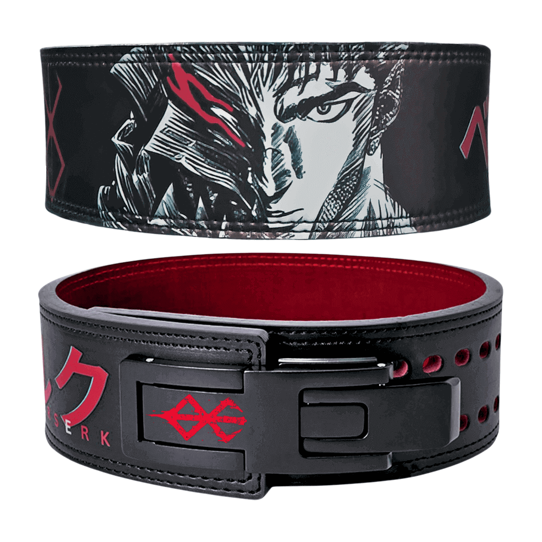 Front and rear view of Berserk Lifting Belt. This anime-inspired, adjustable lever belt offers ultimate lower back support for deadlifts and squats.