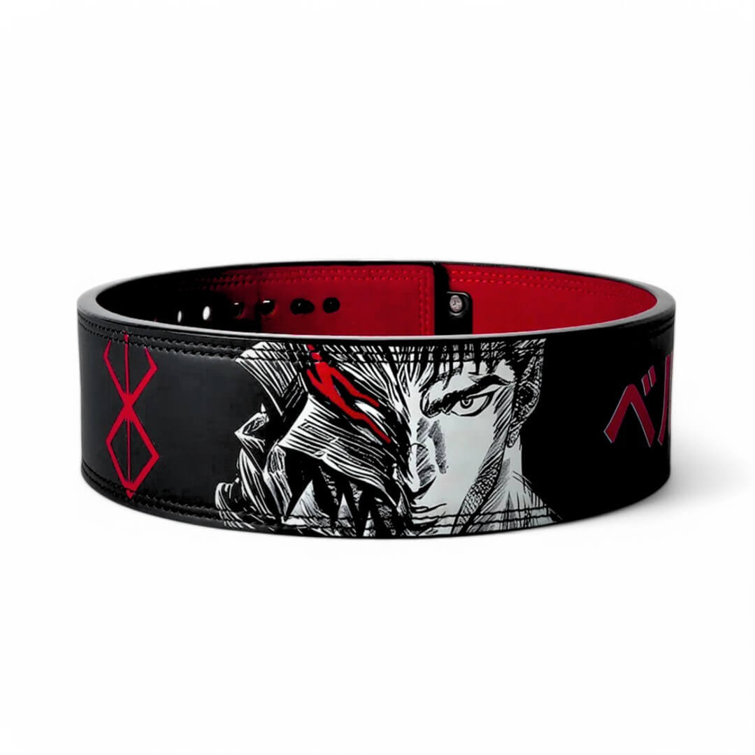 Main image of Berserk Lifting Belt with Guts' face. This anime-inspired powerlifting belt with adjustable lever offers ultimate lower back support for deadlifts and squats.